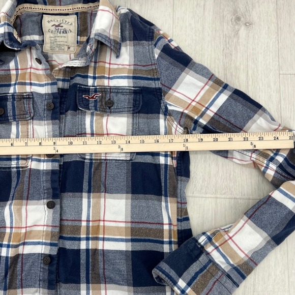Hollister California Plaid Flannel Shirt‎ Long Sleeve Mens Size M Blue Tan White - Picture 4 of 7